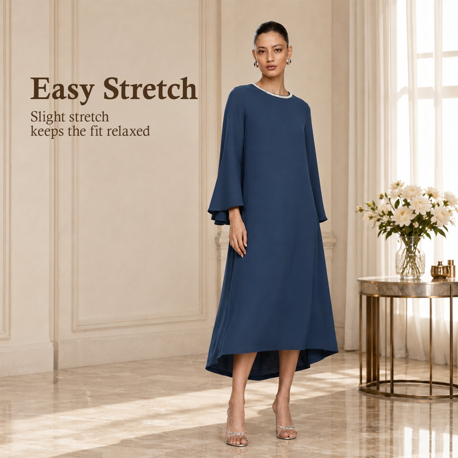 Alvantor Women's Cape Sleeve Midi Dress with Trimmed Neckline, Navy