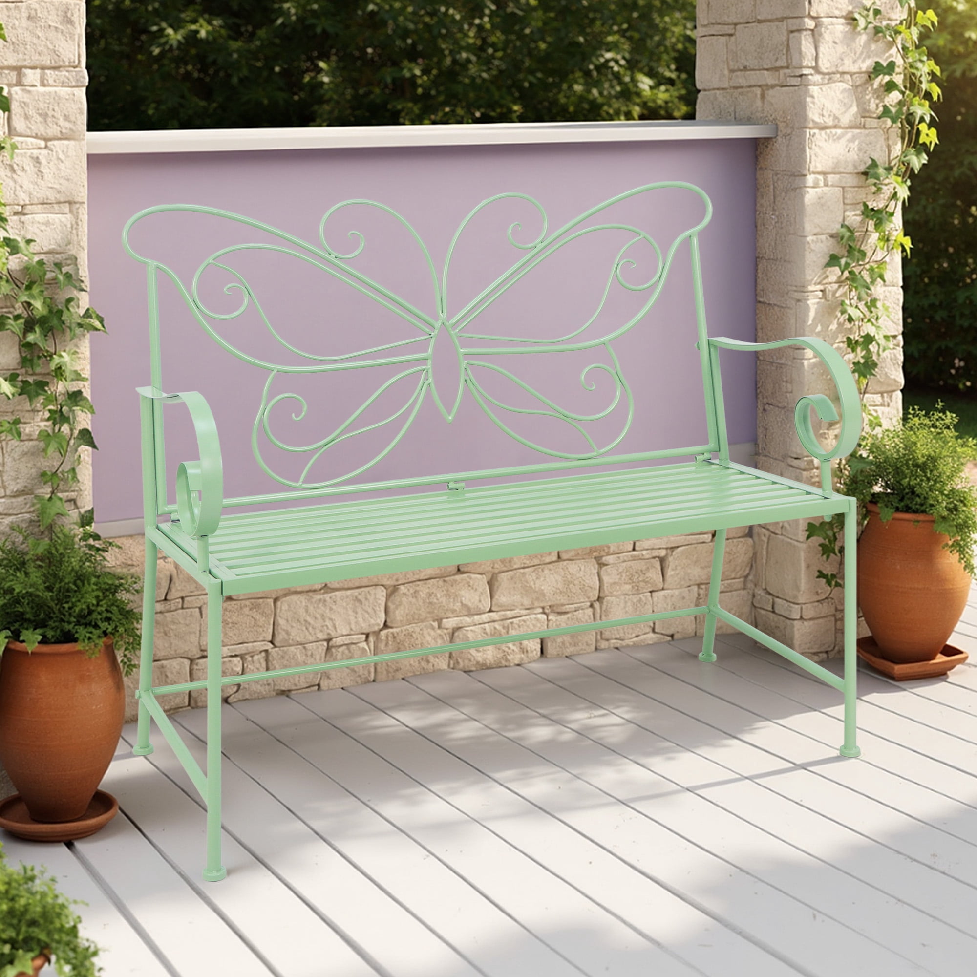Abble 42" Outdoor Bench Metal Butterfly Design Patio Garden Bench for Porch Yard Lawn Patio Bench,  Green