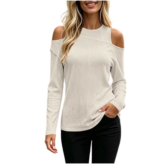 Ke1Clo Cold Shoulder Tops for Women Long Sleeve Round Neck Slim Fit Casual Sweater Fall Winter Fashion Solid Soft Comfy Pullover Beige L