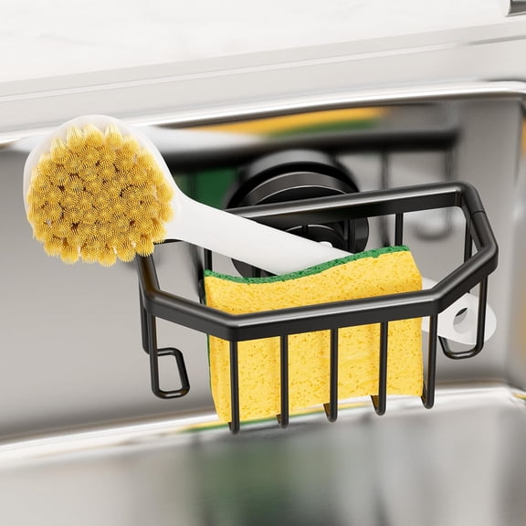 Sponge Holder with Strong Suction Cup, Dish Sponge Caddy Inside Sink Removable, Rustproof Aluminum for Sponges, Brushes, Stoppers and Scrapers - Black