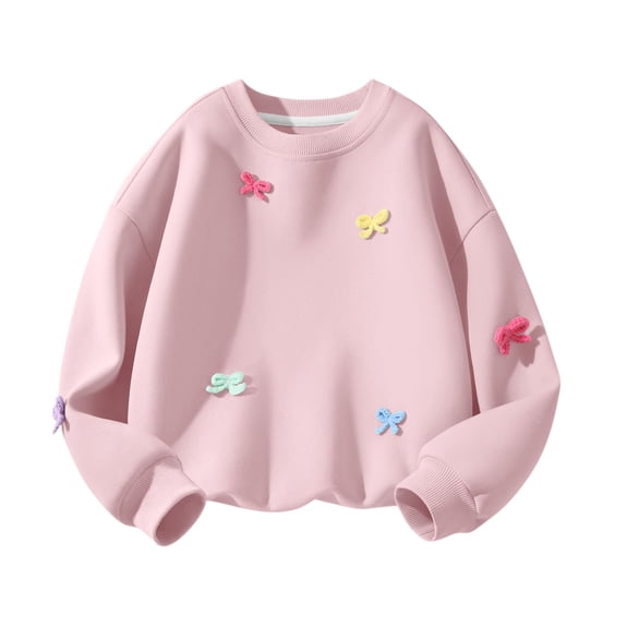 PWPSG Girls Sweatshirts Cute Bow Tie Long Sleeve Crewneck Pullover Tops Loose Daily Casual Sweatshirts Size 4-15 Years Pink 4-5 Years