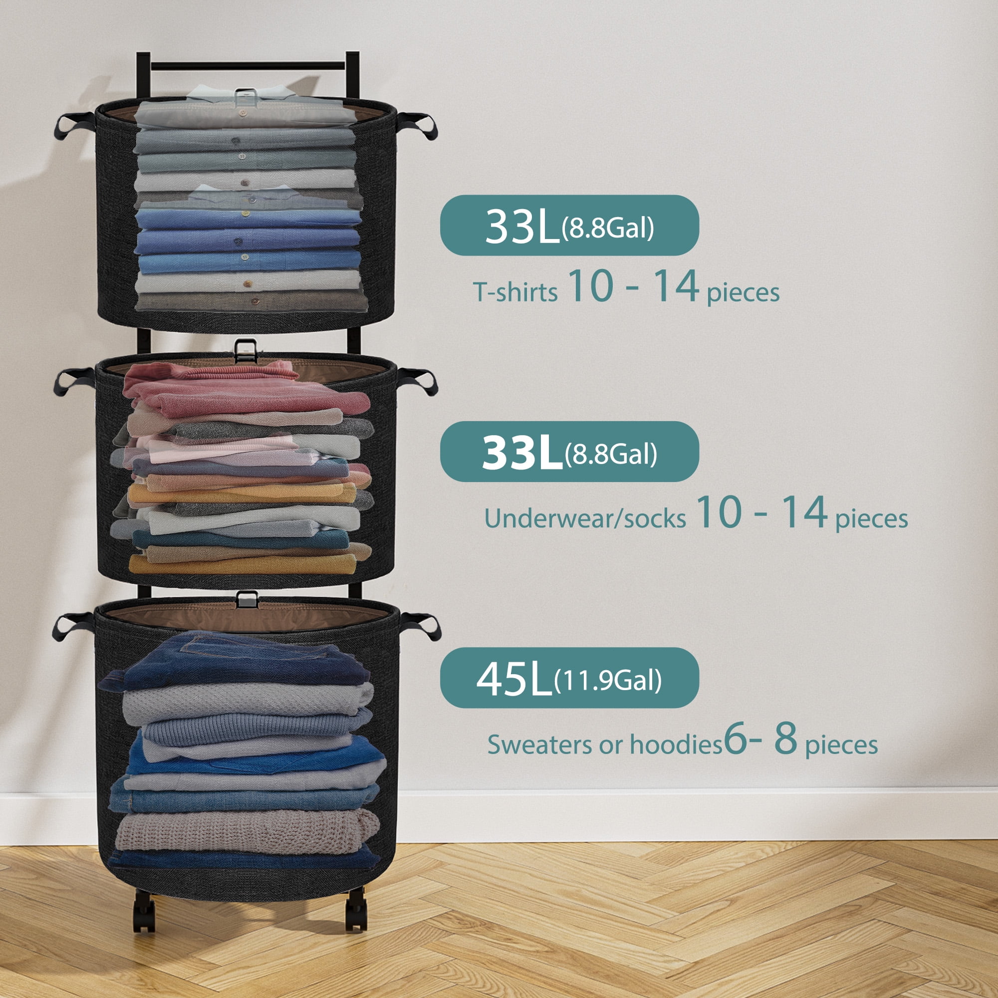 YOUPINS 3-Tier Laundry Hamper Sorter,Laundry Storage Organizer with Wheels Removable Rolling Laundry Baskets for Home,Bathroom,Dorm,Laundry Room,Black