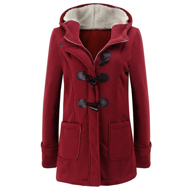 Women Hooded Jacket Duffle Coat Buckle Zipper Front Plus Size Warm Winter Casual Parka Coat Outwear -