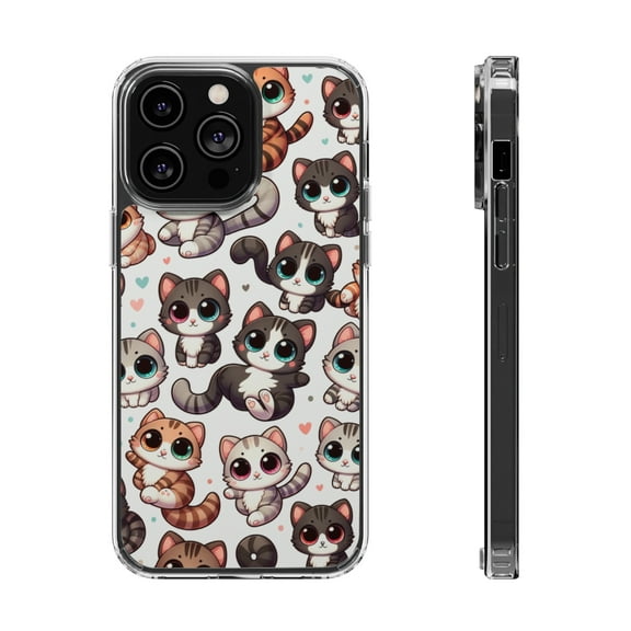DistinctInk Hybrid (Acrylic / TPU) Clear Slim Fit Case for Apple iPhone 15 Pro MAX (6.7" Screen) - Whimsical Feline Fiesta: A Delightful Repetition