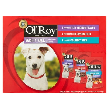 Ol' Roy Mini Chunks in Gravy Wet Dog Food Variety Pack, Filet Mignon, Savory Beef & Country Stew, 5.3 oz, 12
