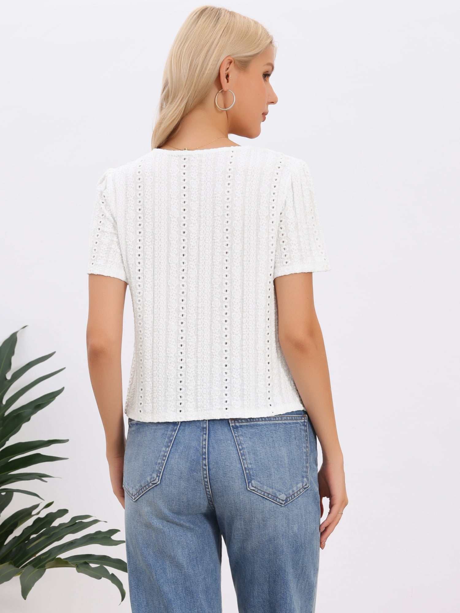 DARING DIVA Women's Cute V Neck Tops Eyelet Texture Short Sleeve Button Blouse XS White