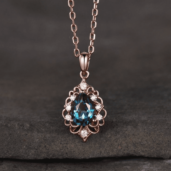 Pear cut Alexandrite Pendant Necklace in 14k Rose Gold Finish - June Birthstone Jewelry - Unique Art Deco Bridal Necklace