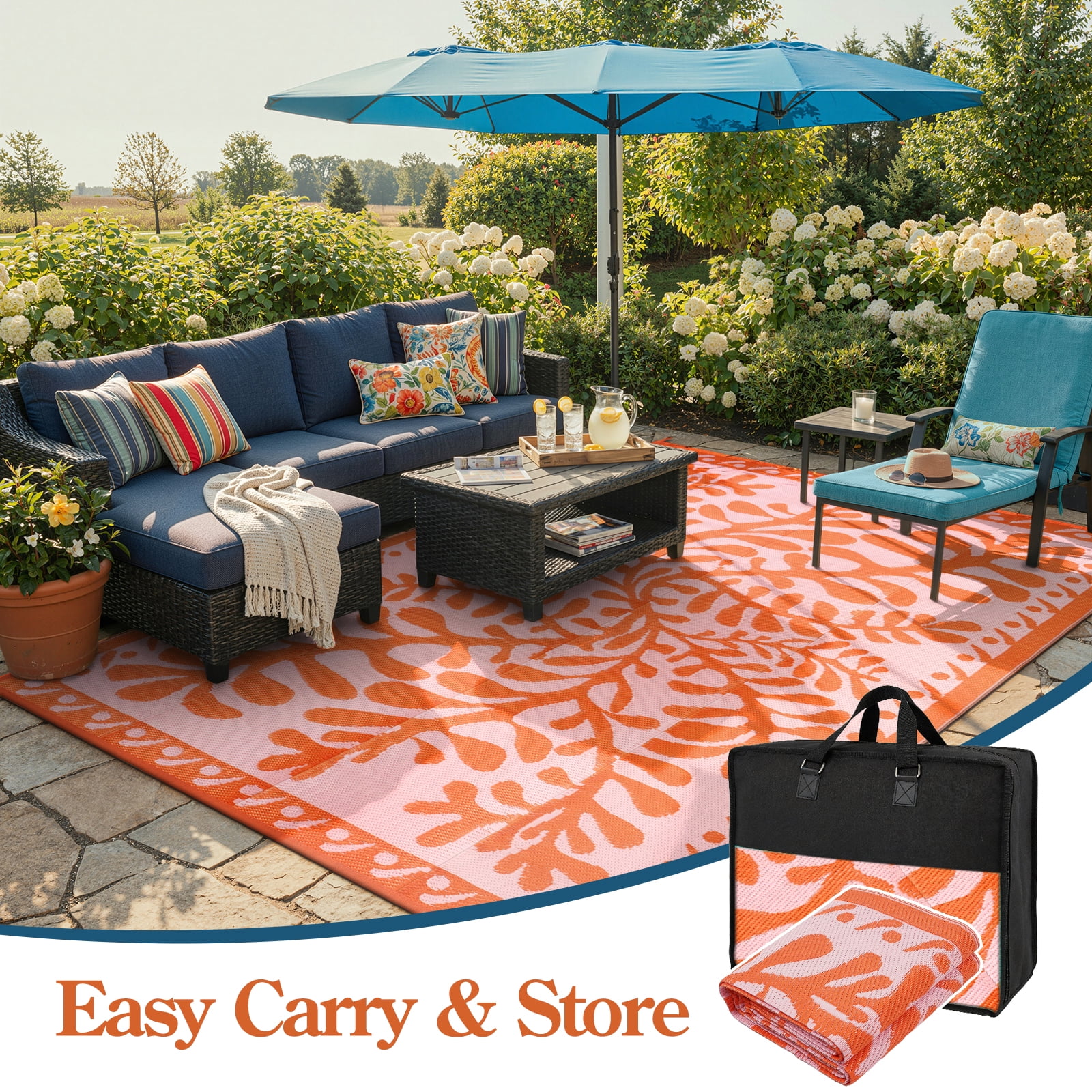 SUNDEREY 8’X10’Outdoor Rug for Patio,Waterproof Beach Mats, Seaweed Pattern Plastic Straw Outdoor Rugs for RV Patio Deck Beach Porch Backyard,Orange