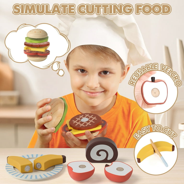 Lehoo Castle Wooden Play Food Set, Pretend Picnic, Cutting Play