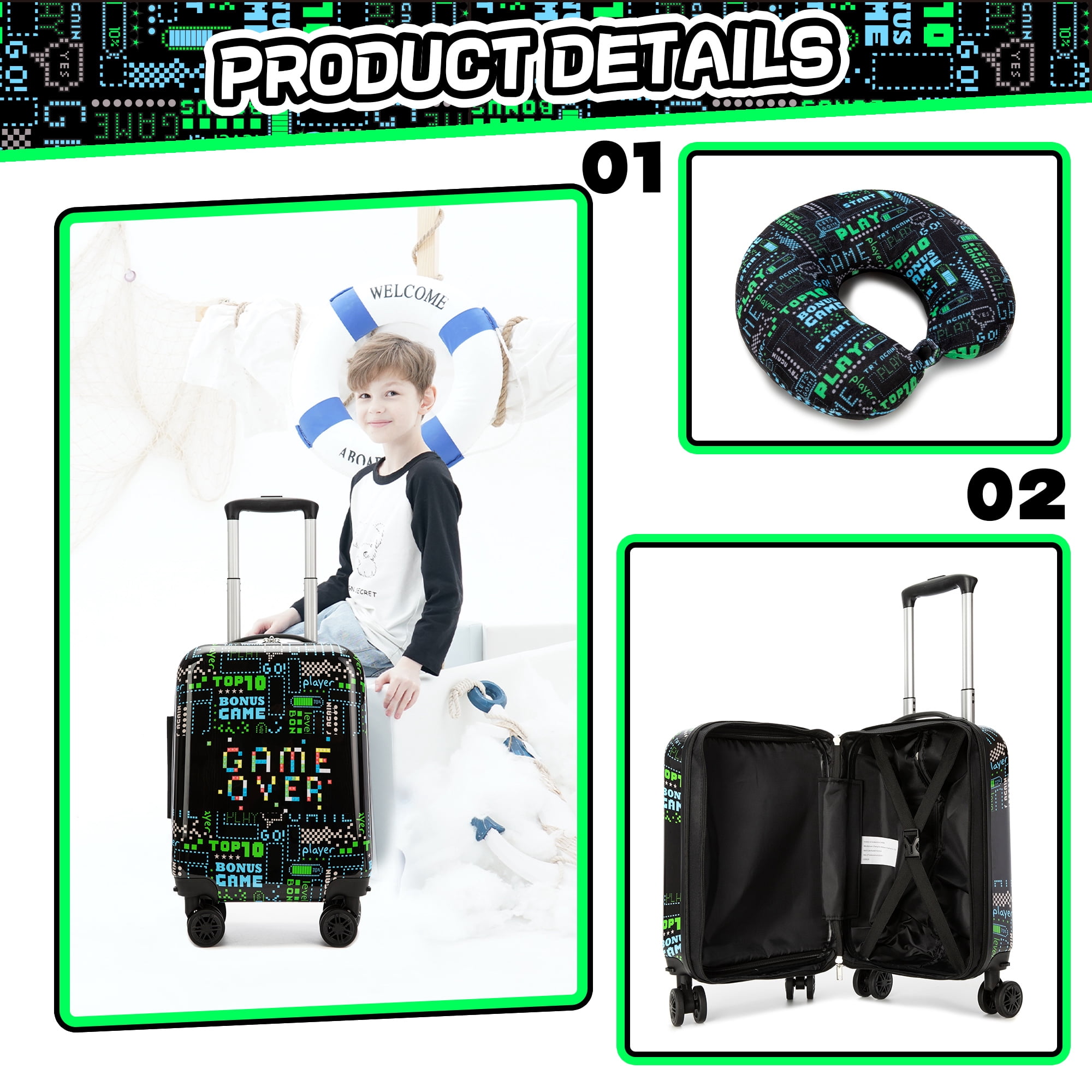 Kids Carry on Luggage Sets 3 Piece Rolling Suitcases for Boys with Wheels Duffle Bag for Travel Hardshell Suitcase with Travel Neck Pillow