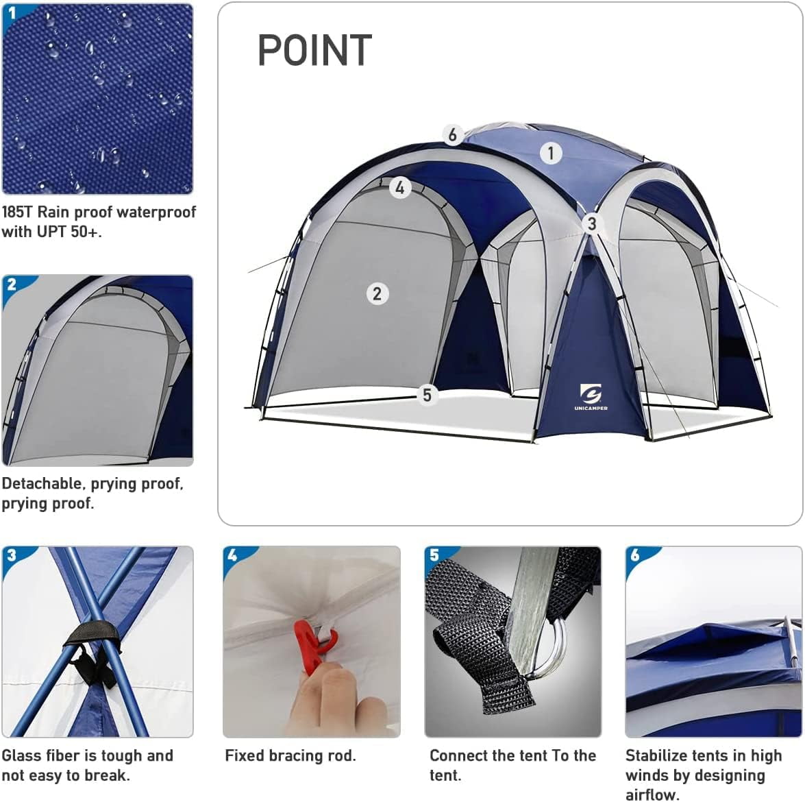 UNP Easy Beach Tent 12 X 12ft Pop Up Canopy UPF50+ Tent with Side Wall, Ground Pegs, and Stability Poles, Sun Shelter Rainproof, Waterproof for Camping Trips, Backyard Fun, Party Or Picnics (Blue)