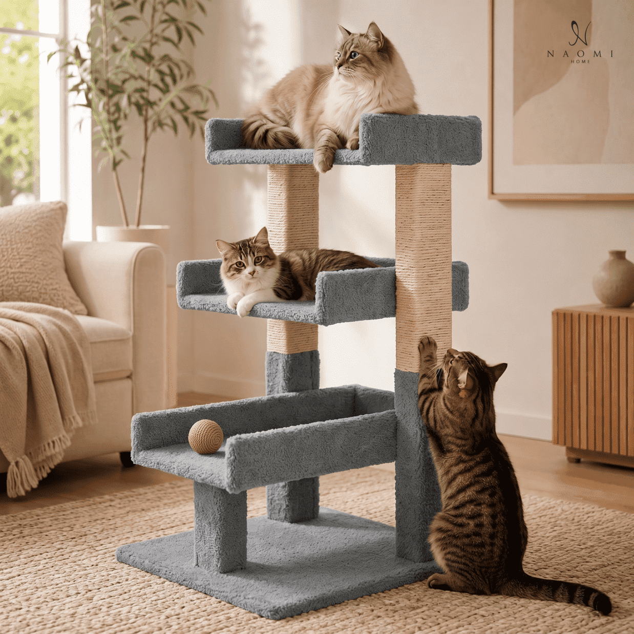 Naomi Home Nala Large Cat Tree Tower with Multi-Level Platforms, Sisal Scratching Posts, Soft Perches & Stable Anti-Tip Design, Gray