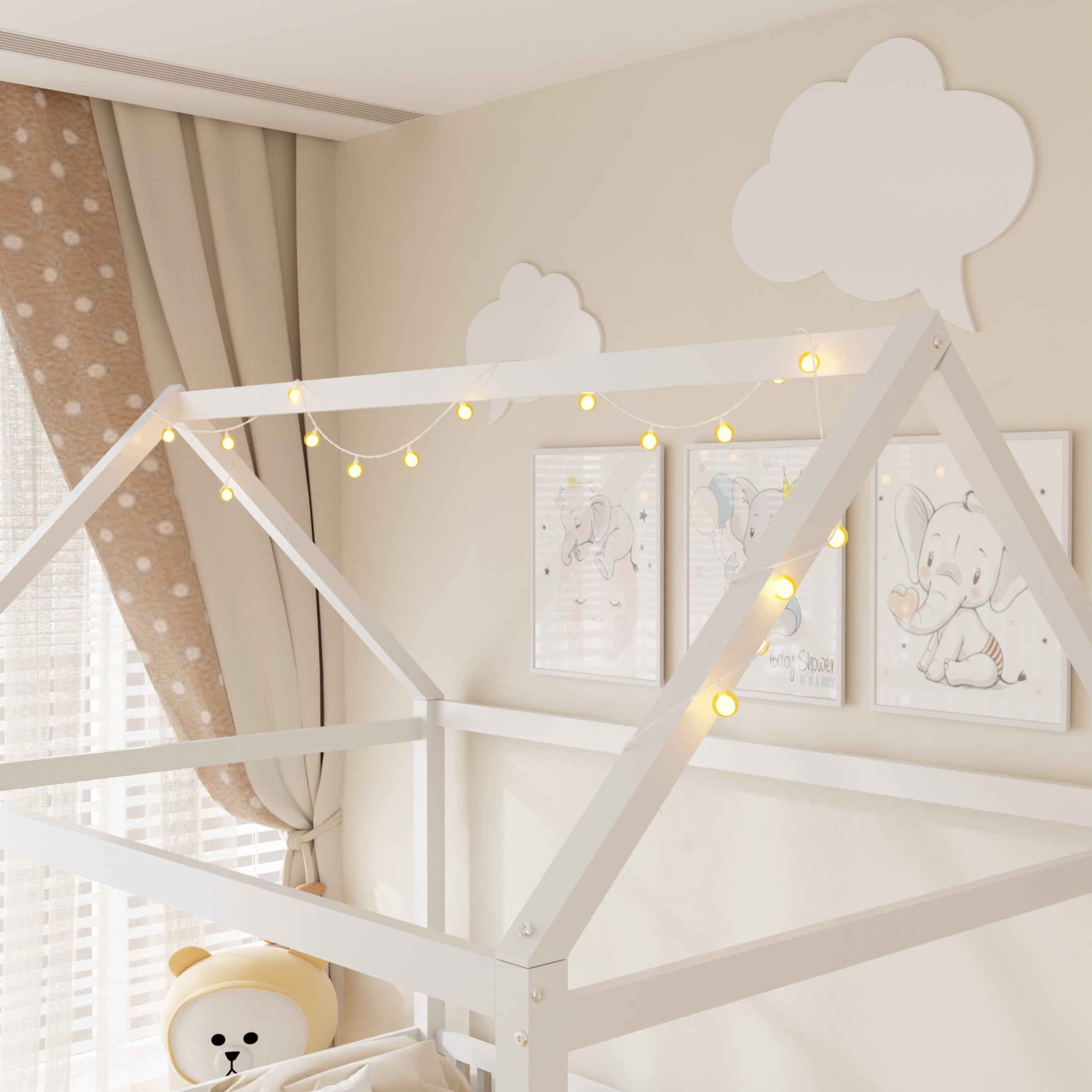 Noble House Auburn Full Size Wood House Bed with Integrated Guardrail and LED Lights, Sturdy 4-Poster Play Bed, White