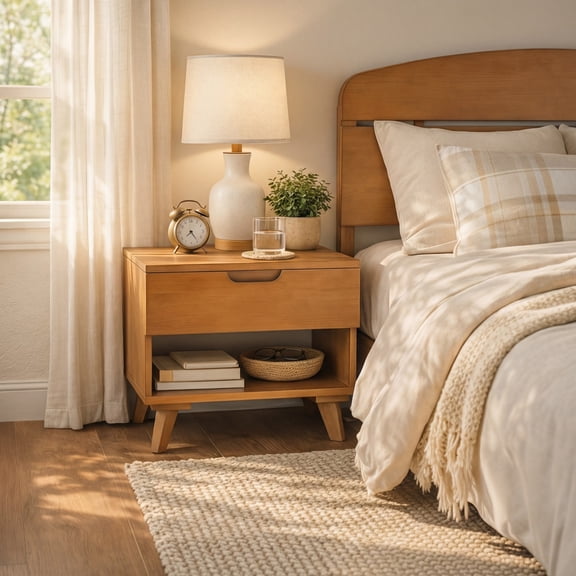 Christopher Knight Home Mid-Century Modern Nightstand with Drawer and Open Shelf, Light Brown