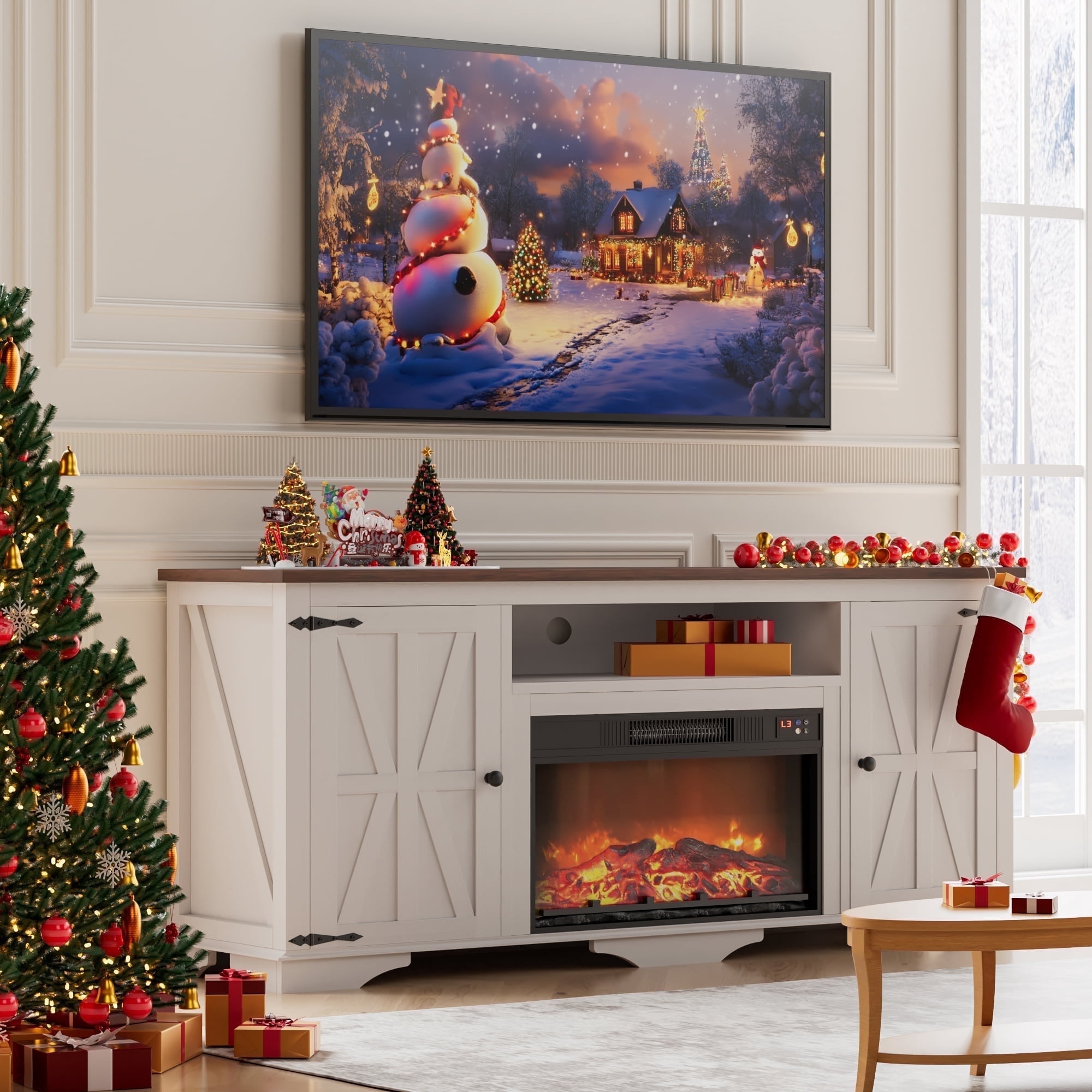 GIKPAL Fireplace TV Stand for TVs up to 65", 1400W Farmhouse TV Stand with Electric Fireplace, Entertainment Center for Living Room with Storage Cabinets/Adjustable Shelves, Rustic Beige