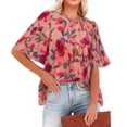 thumbnail image 4 of Camiseta estampada para mujer, mangas media campana, holgada, cuello redondo, blusa suelta de verano, flor rosa ceniza L, 4 of 6