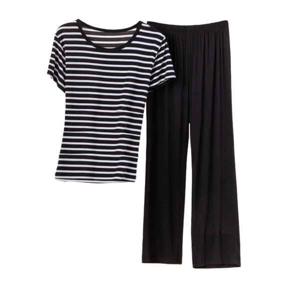 ManxiVoo Ladies Modal Sleepwear Set Soft Striped Short Sleeve Shirt and Lounge Pants for Home Comfort L Size Black
