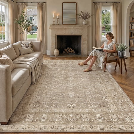 BERTHMEER 8'x10' Area Rugs for Living Room Dining Room Bedroom Farmhouse Office Distressed Vintage Washable Traditional Non Slip Rugs Carpets, Brown