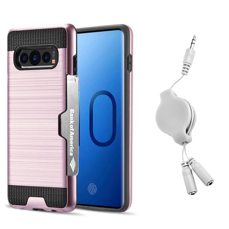 Luxury Dual Layer Hybrid Wallet Case for Galaxy S10 (Rose Gold) w/ Credit Card ID Slot Holder & Retractable 3.5mm Headphone Splitter Cable - Lightweight Button Covers Shock Absorption Lip Guard