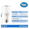 thumbnail image 3 of Great Value 13YR A19 LED Light Bulb, 9W (60W Equivalent) Dimmable 5CCT E26 Medium Base (4 Pack), 3 of 12