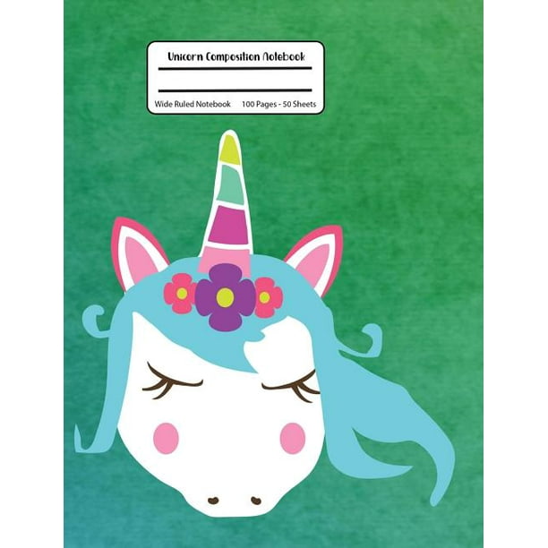 Unicorn Composition Notebook Green Watercolor, Wide Ruled, Student