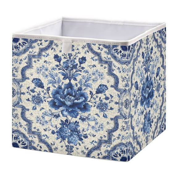 Foldable Fabric Storage Bin Home Cubes Clothing Organizer Bins Large Collapsible Box Basket for Home Organizer Blue and White Porcelain-style