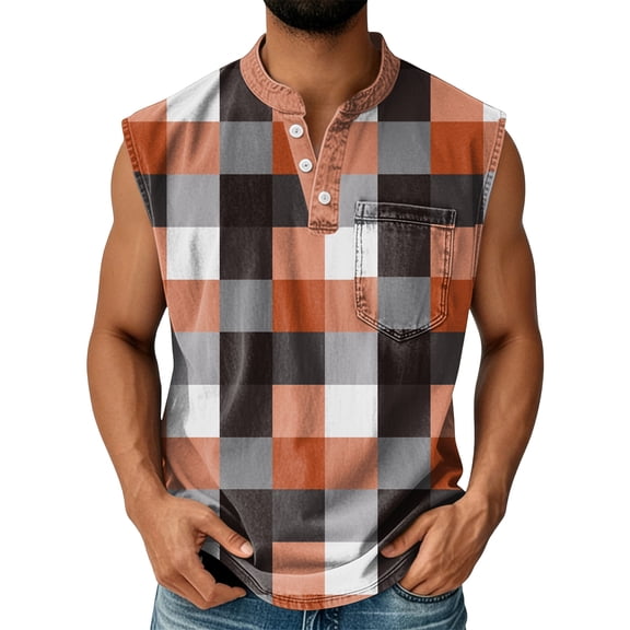 Domuza Mens Sleeveless Shirts Henley Neck Sleeveless Button Down Workout Muscle Tank Tops Summer Relaxed Fit Plaid T Shirts Black L