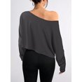 thumbnail image 2 of Womens Off Shoulder Long Sleeve Crop Tops Boat Neck Loose Asymmetry T Shirt (Grey XXL), 2 of 5