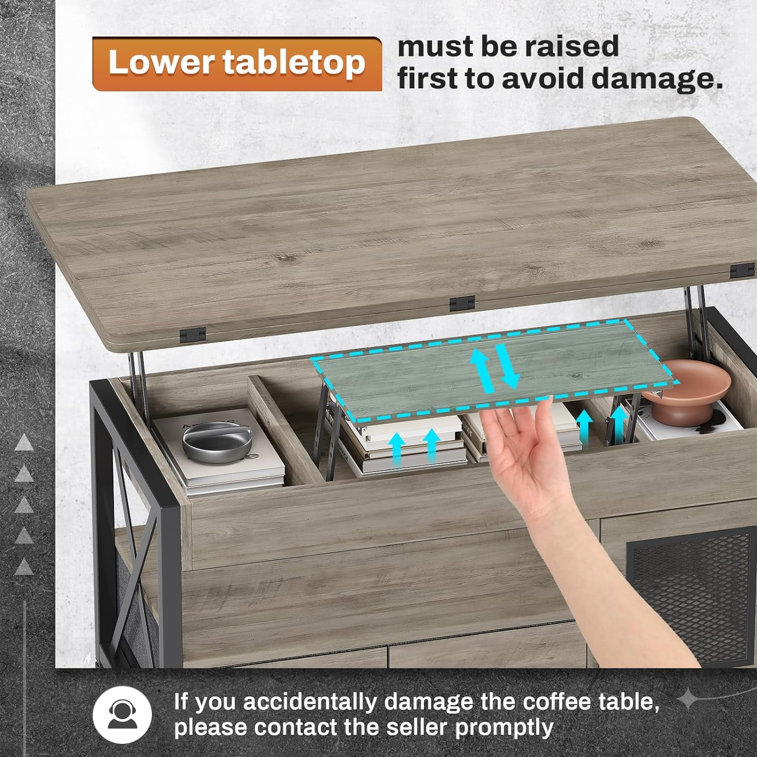 40" Lift Top Coffee Table, 4 in 1 Coffee Tables with Storage Cabinet for Living Room, Small Farmhouse Coffee Table with 2 Fabric Drawers & LED Light for Dining Room, Grey