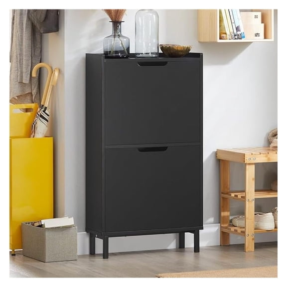 Black Shoe Cabinet Entryway with 2 -Drawers, Narrow Storage Freestanding Shoe Rack, Slim Shoe Organiazer, Shoe Cupboard, FSR151-SCH