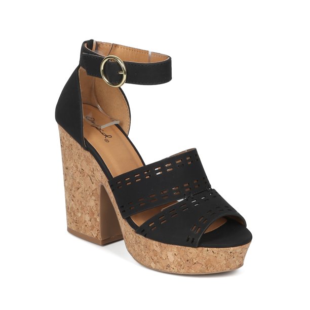 Alrisqupid Women Nuck Peep Toe Perforated Cork Platform Chunky Heel