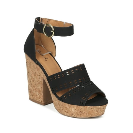 Chunky Cork Heels - Women Nuck Peep Toe Perforated Cork Platform Chunky Heel Sandal - 18145