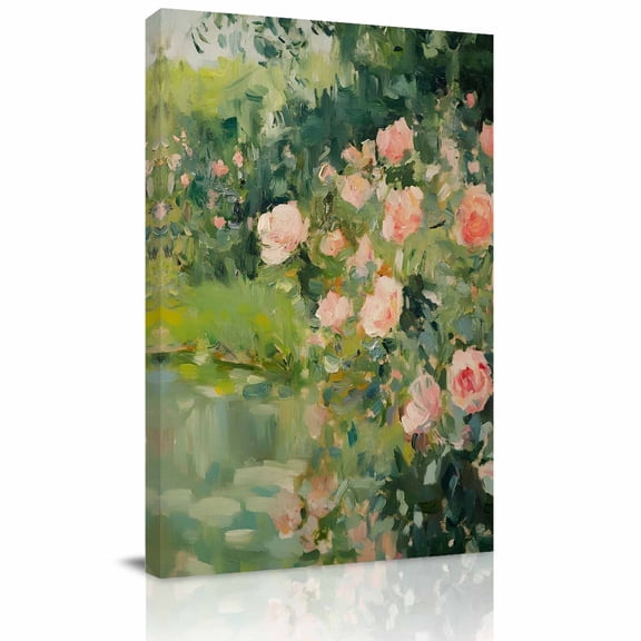 Canvas Wall Art, Spring Floral Framed Canvas Prints for Bedroom Bathroom, Green Pink Roses Flowers Botanical Gallery Wrapped Wall Decor for Home Office, Gifts, 11"x14" Ship Next Day