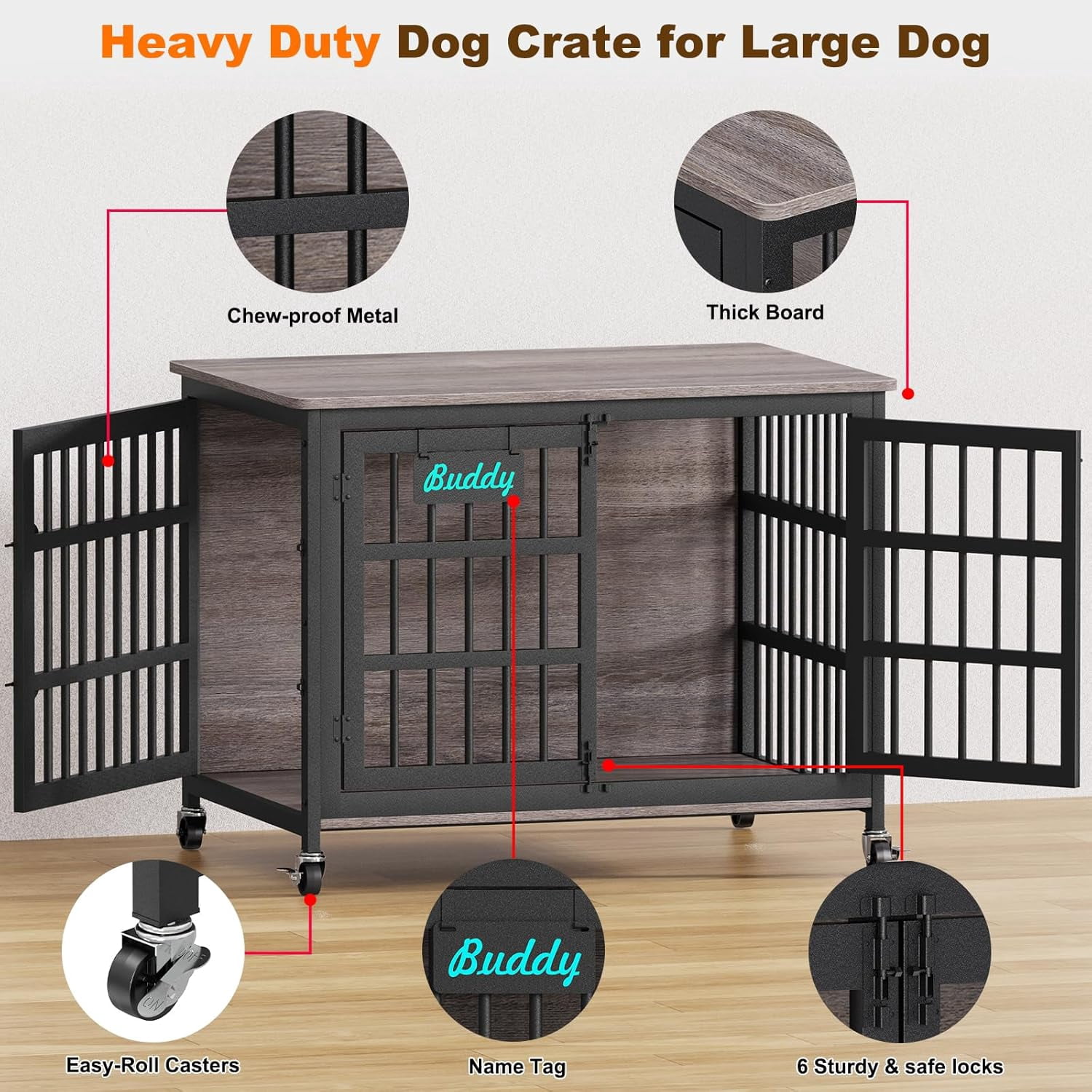 POAO 41"Dog Crate Furniture with Name Tag,Heavy Duty Dog Kennel Indoor for Medium Dogs,Double-Doors Sturdy Metal Dog Cage for Anxiety Dog,End Table