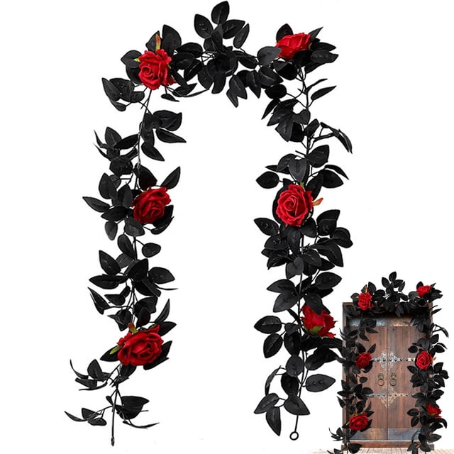Guirnalda de hojas de arce de otoño de enredadera negra con rosas artificiales colgantes, enredadera de hojas de otoño negras, enredadera de seda con flores artificiales, cosecha de otoño,