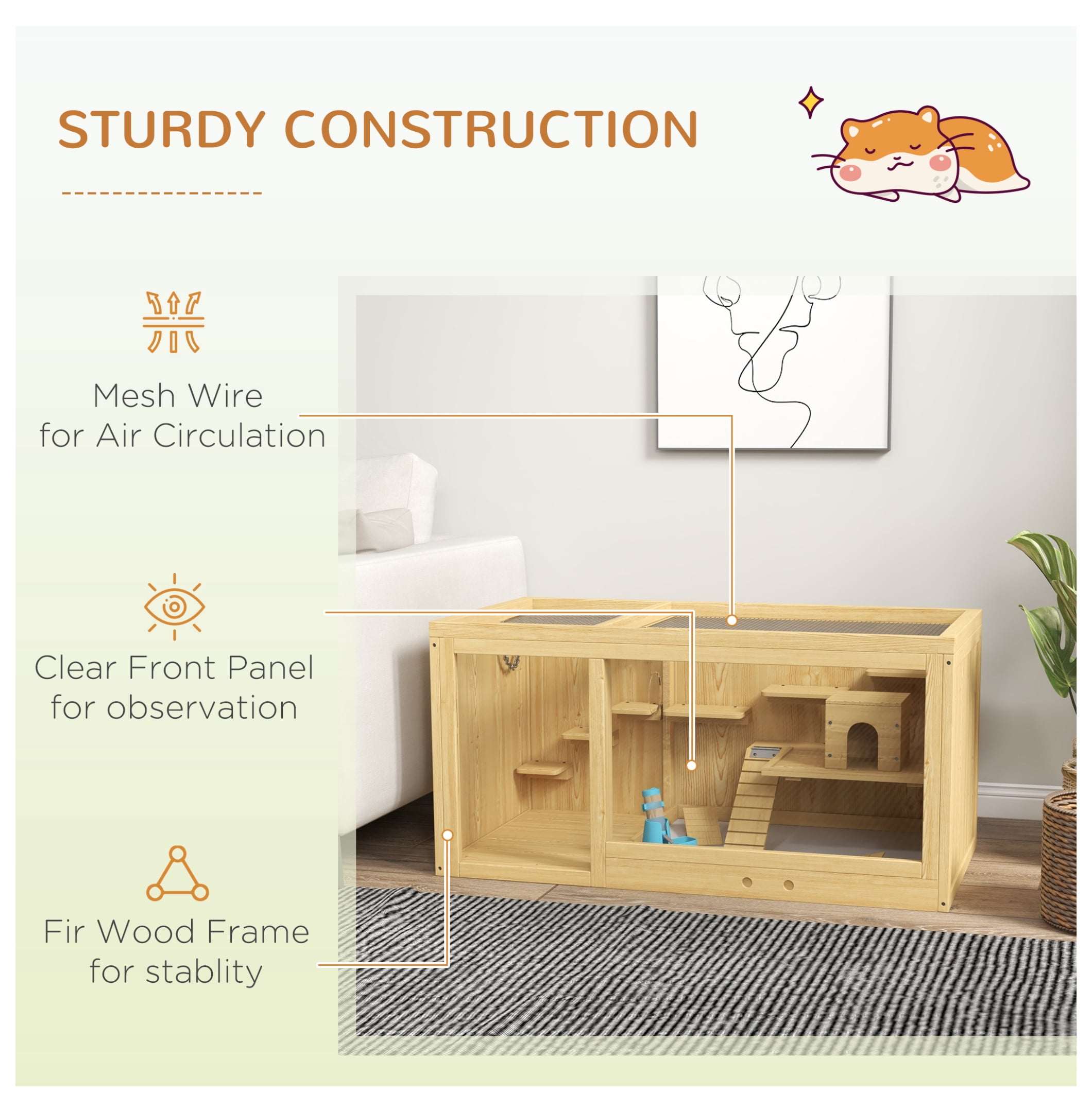 Wooden Hamster Cage, Large Gerbil Habitat, Multi-Level Small Animal Cage w/Tray