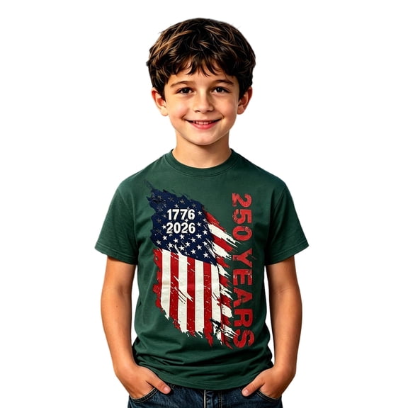 VNKIDY Boys Girls Kids Short Sleeve Crew Neck TShirt With Distressed American Flag 1776-2026 250 Years Print Patriotic Themed Top For Fourth Of July Celebrations Green 8-9 Years