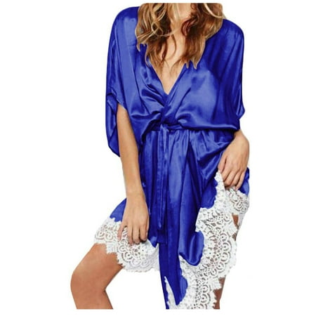 Elainilye Fashion Womens Robe Lingerie Lace Nightgown Pajamas Sleepwear Robes With Belt Sleepwear Loungewear Blue
