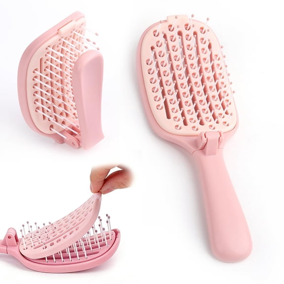 ACDANC Self-Cleaning Fordable Hair Brush for Women,Curved Vented Detangling Wet Brush for Faster Blow Drying-Portable Travel Hair Brush for Curly Straight Thin Thick Hair,Men Kids,Pink