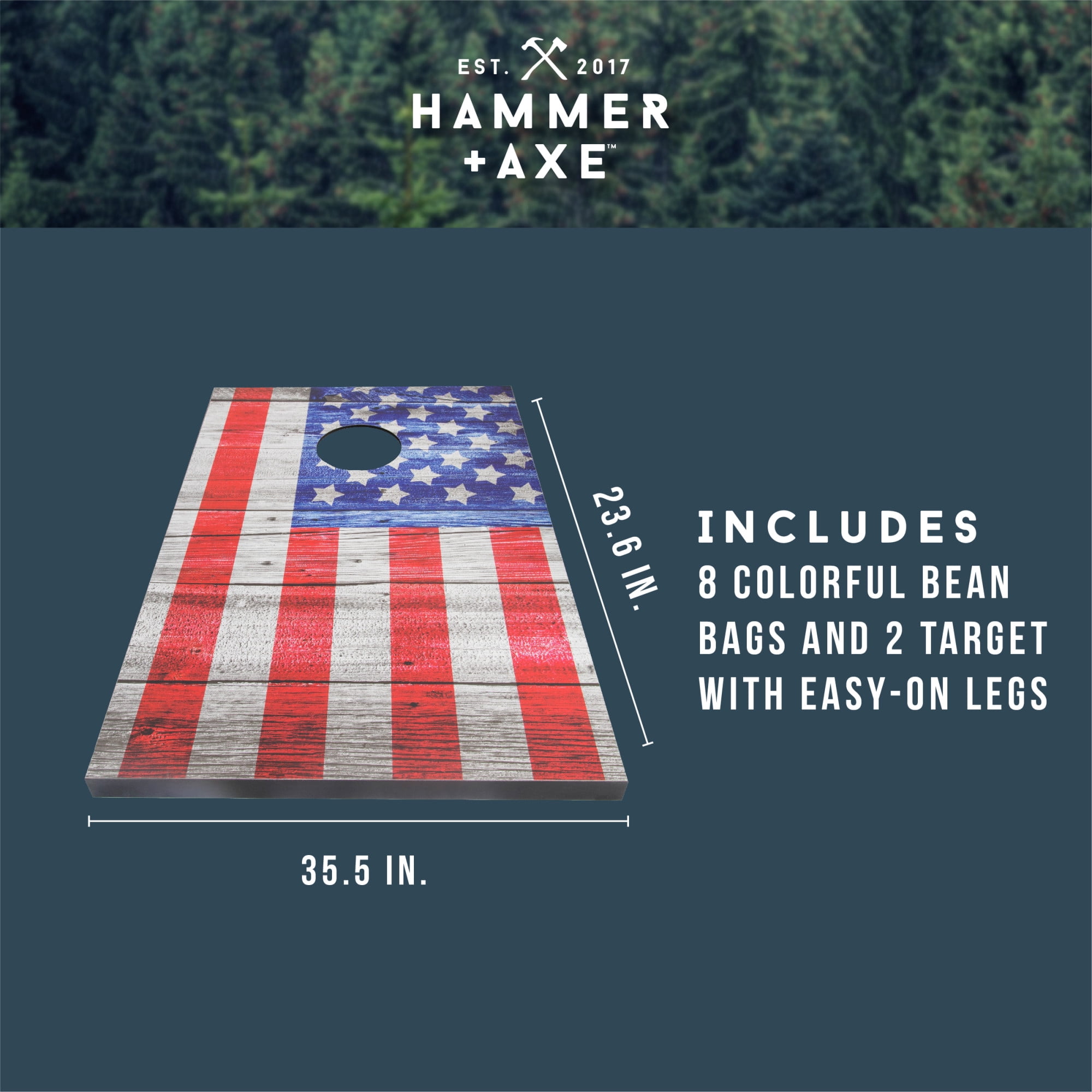 Hammer & Axe Wooden Bean Bag Cornhole Game, USA Edition, Includes 8 Bean Bags, Two 3'x2' Boards