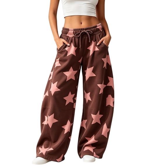 uvwlwu Women Star Print Wide Leg Sweatpants Elastic Waist Loose Casual Pants with Side Pockets for Daily Lounge Outfits,M