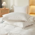 thumbnail image 4 of Move Over White Beige Grey Reversible Pillowcases Queen, Boho Pillow Cover Set of 2, Washed Microfiber White Pom Fringe Pattern, 3 Pack, 4 of 8