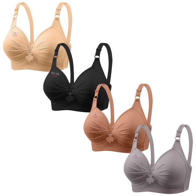 LOVZFMLL Bras for Women 4PC Woman's Printing Gathered Together Large Size Daily Bra Underwear No Rims Beige L