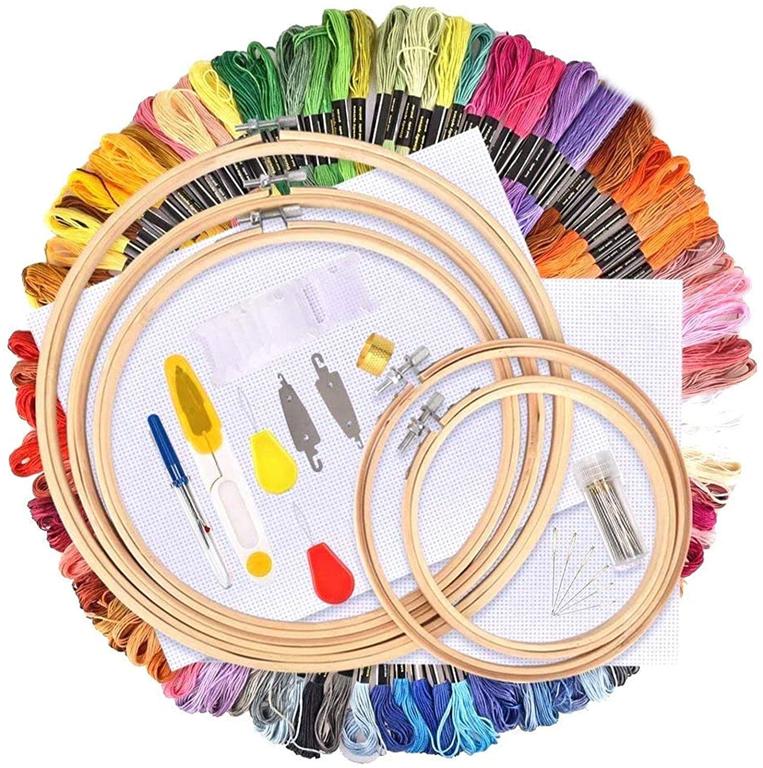 5 Pieces Embroidery Hoop Set Bamboo Circle Cross Stitch Hoop+ 50 Colors Embroidery Thread Cross