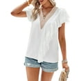 thumbnail image 2 of Biekopu Women Summer Short Sleeve T-Shirts,Casual Contrast Color Ruffle Trim V Neck Basic Tops, 2 of 7