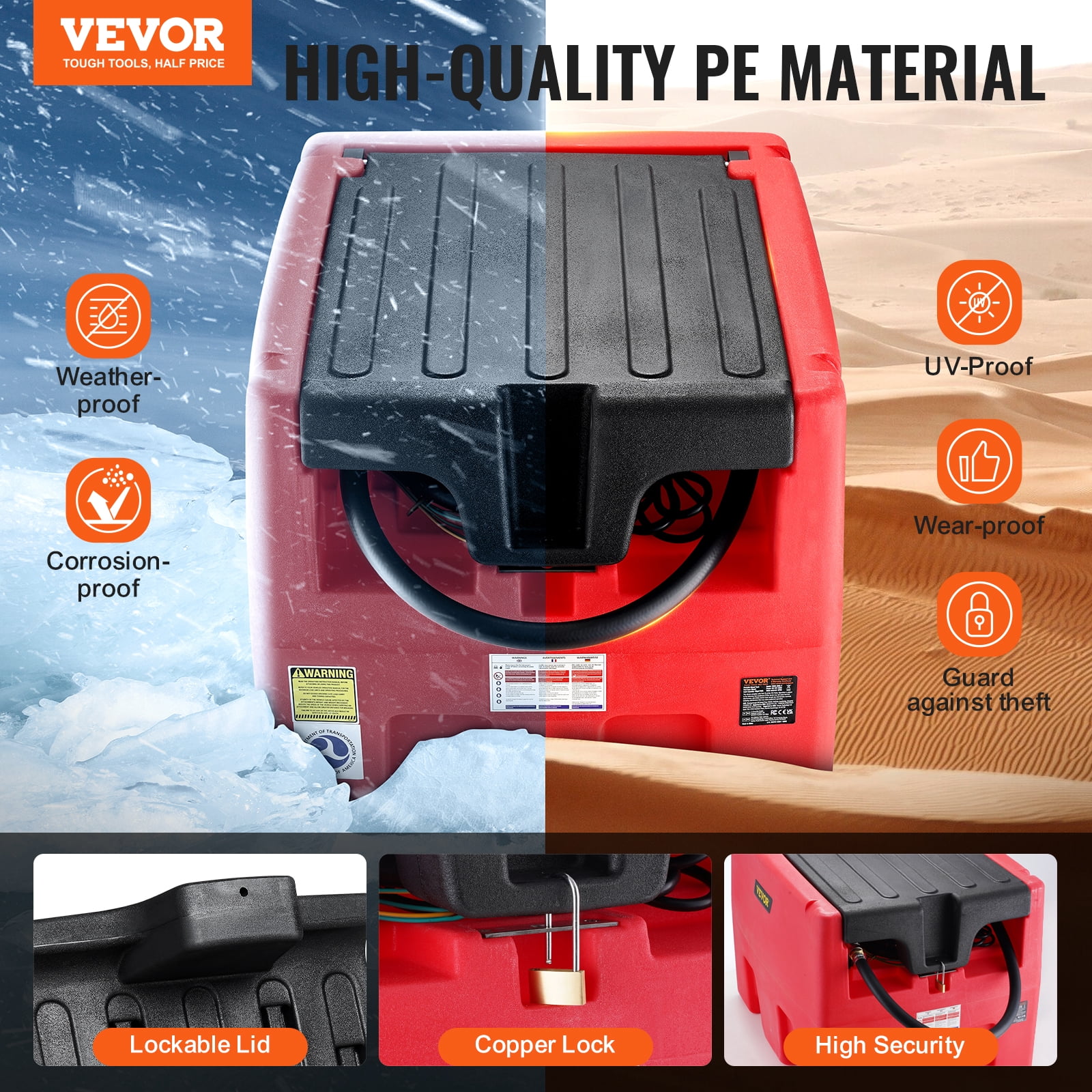 VEVOR Portable Diesel & Gasoline Tank, 48 Gallon, 10.6GPM Flow Rate, Diesel Fuel Tank with 12V Electric Transfer Pump,13.1ft Hose,Auto Fueling Nozzle, Transfer Tank for Easy Fuel Transportation,Red