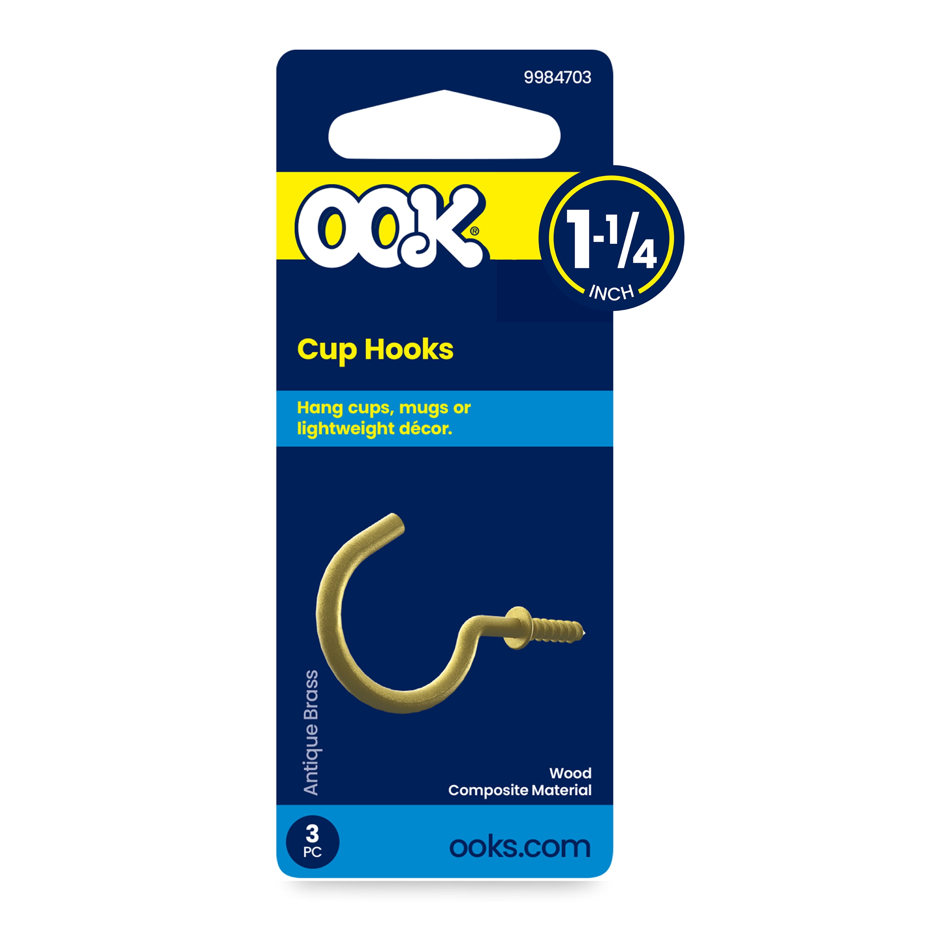 (3 pack) Ook Cup Hooks, 1-1/4", 1 lbs, Screw Hooks, Steel, Antique Brass, Gold, 3 pack