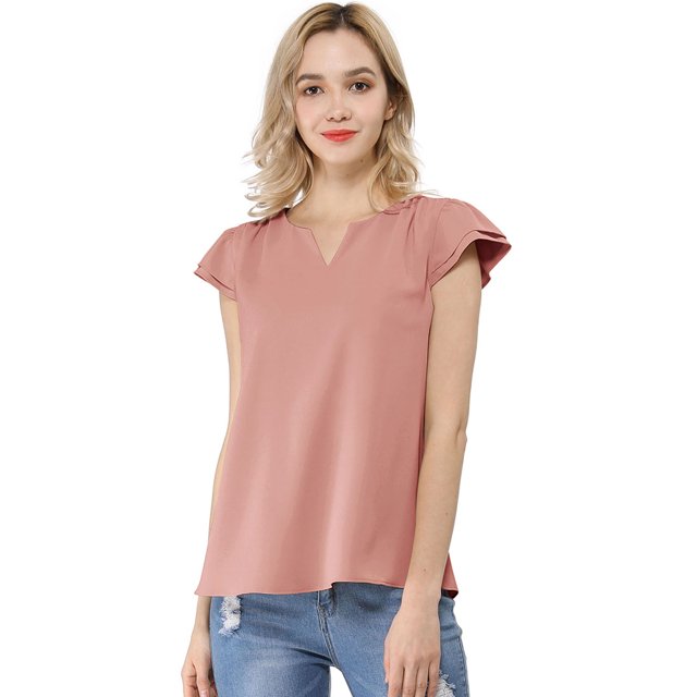 Camiseta Manga Tulipán Cuello En V Básico Para Mujer Allegra K Rosa L