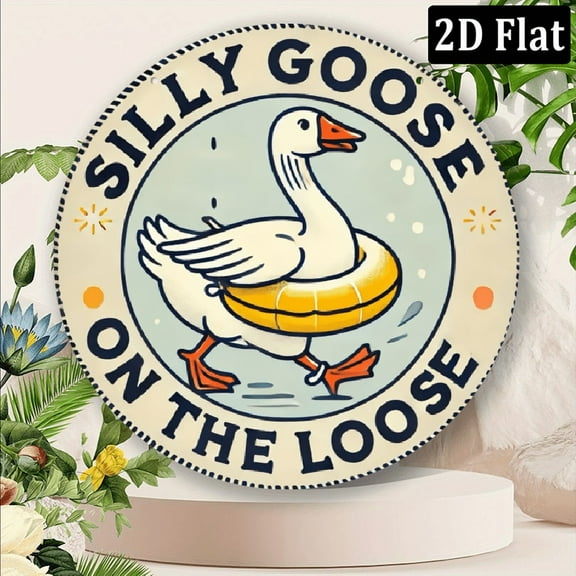 1pc Silly Goose on the Loose 8x8 Inch Vintage Aluminum Wall Art Sign - Circular Retro Metal Decor for Home, Bar, Cafe, Garage, Garden - No Electricity Needed, Easy Wall-Mounted Installation, Nordic