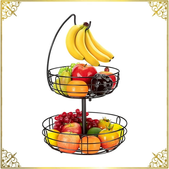 Auledio 2 Tier Metal Fruit Vegetable Basket with Banana Hanger, Detachable Fruit Organizerfor Countertop (Bronze)